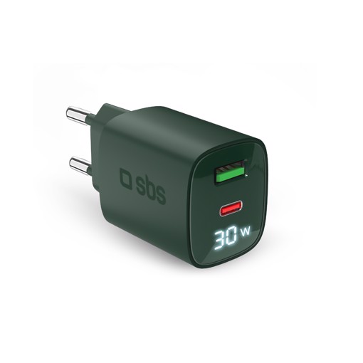 SBS TETRGANLCD1USB1C30G Caricabatterie per dispositivi mobili Universale Verde AC Ricarica rapida Interno